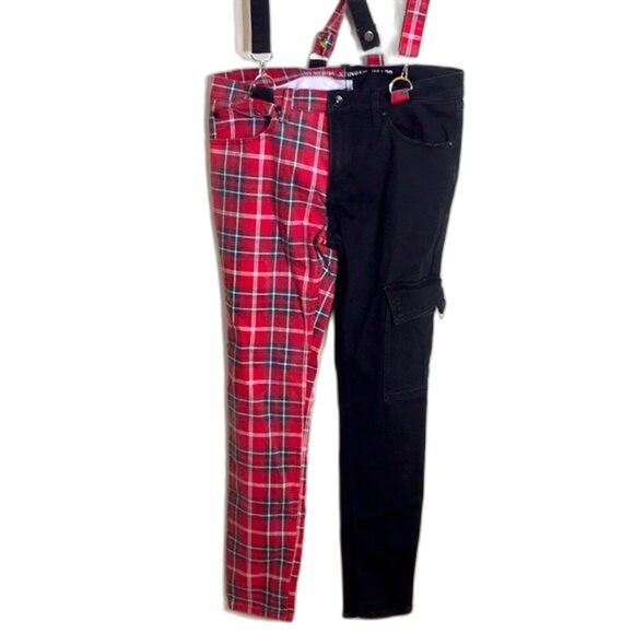 Hot topic Denim Red plaid  & Black Suspender Stinger Jeans size 34x30 - Picture 1 of 10